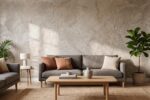 Intérieur moderne avec revêtement mural texturé tendance, salon lumineux et épuré