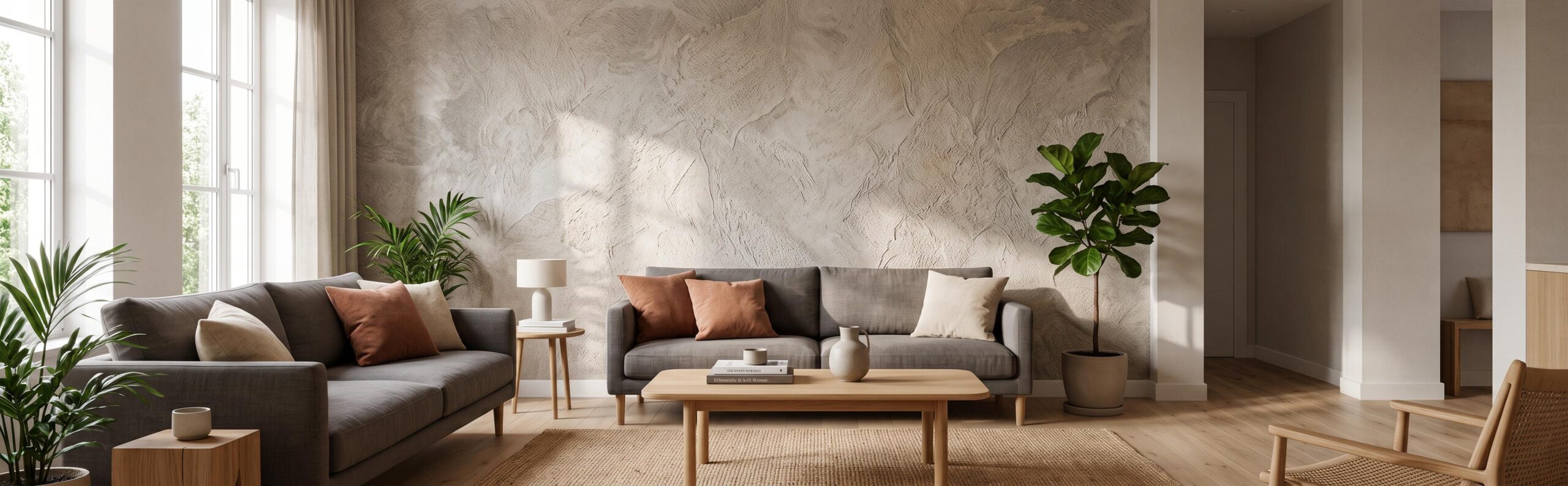 Intérieur moderne avec revêtement mural texturé tendance, salon lumineux et épuré