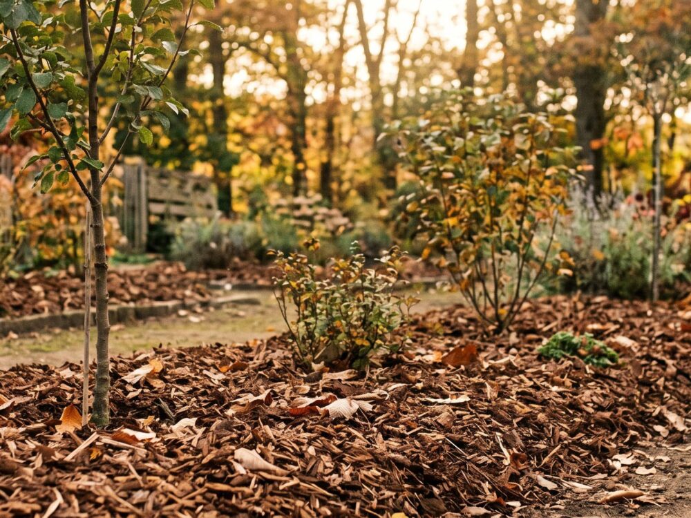 Jardin d'automne préparé pour l'hiver avec du paillage organique protecteur sous la lumière dorée