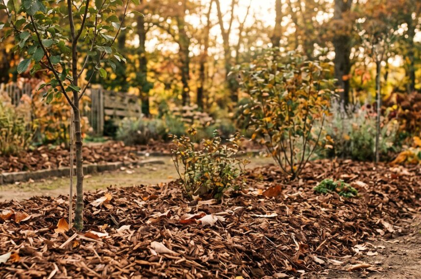 Jardin d'automne préparé pour l'hiver avec du paillage organique protecteur sous la lumière dorée
