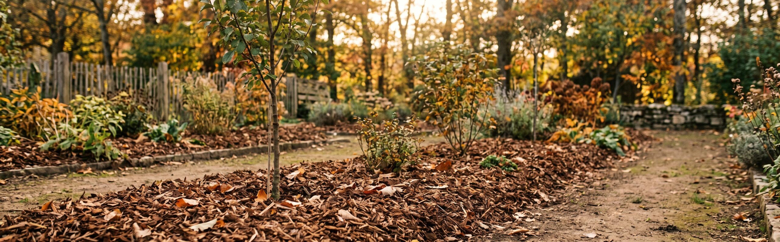 Jardin d'automne préparé pour l'hiver avec du paillage organique protecteur sous la lumière dorée