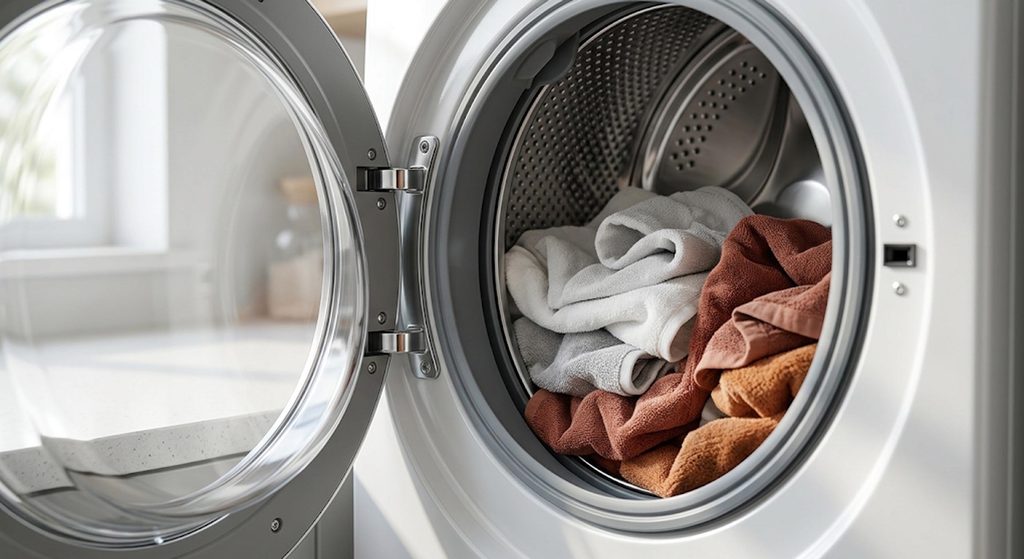 Lave linge hublot haut de gamme avec du linge frais à l'intérieur