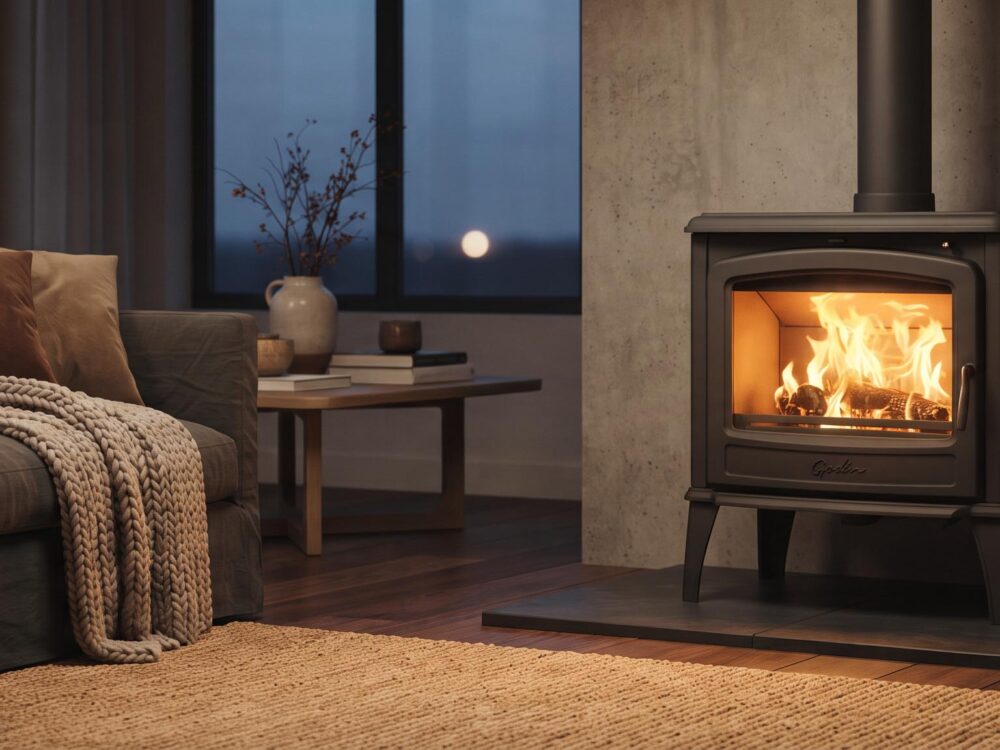 Poêle à bois Godin Châtel noir mat dans un salon cosy, flammes visibles à travers la vitre, ambiance chaleureuse