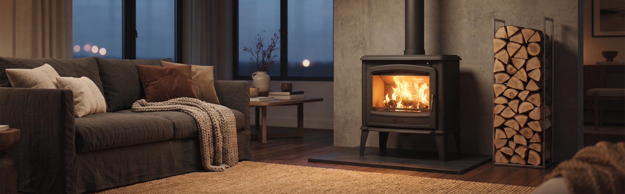 Poêle à bois Godin Châtel noir mat dans un salon cosy, flammes visibles à travers la vitre, ambiance chaleureuse