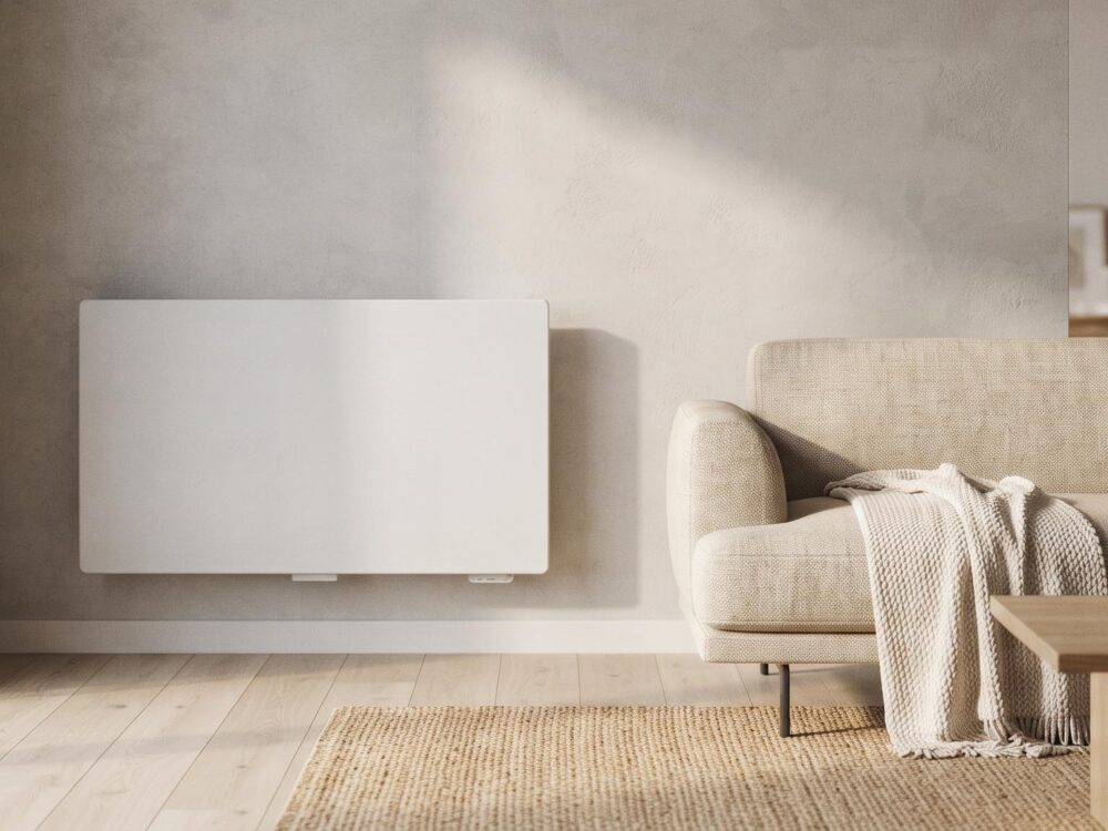 Radiateur à inertie fluide ou sèche moderne dans un salon contemporain