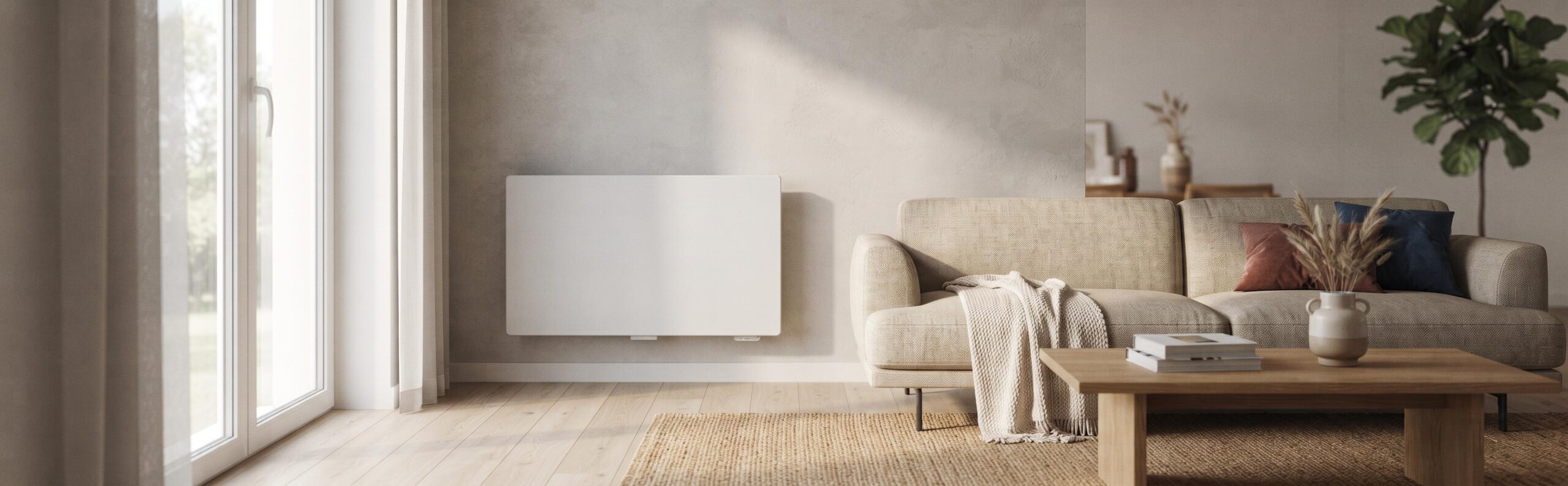 Radiateur à inertie fluide ou sèche moderne dans un salon contemporain