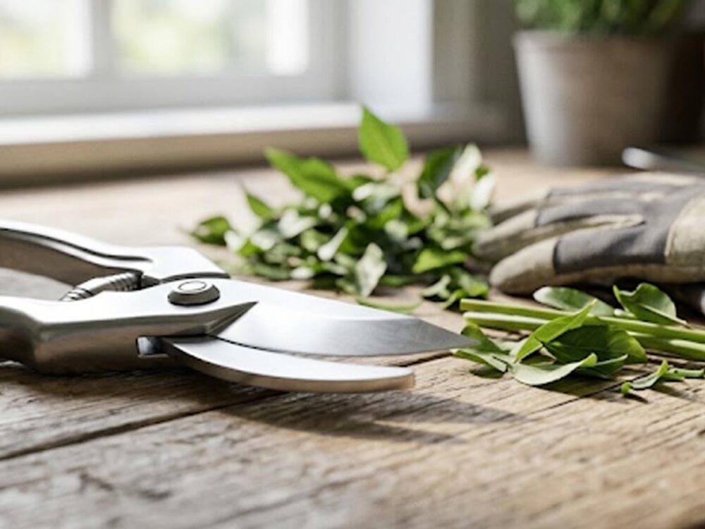 Sécateur propre et aiguisé après nettoyage, prêt pour le jardinage printanier