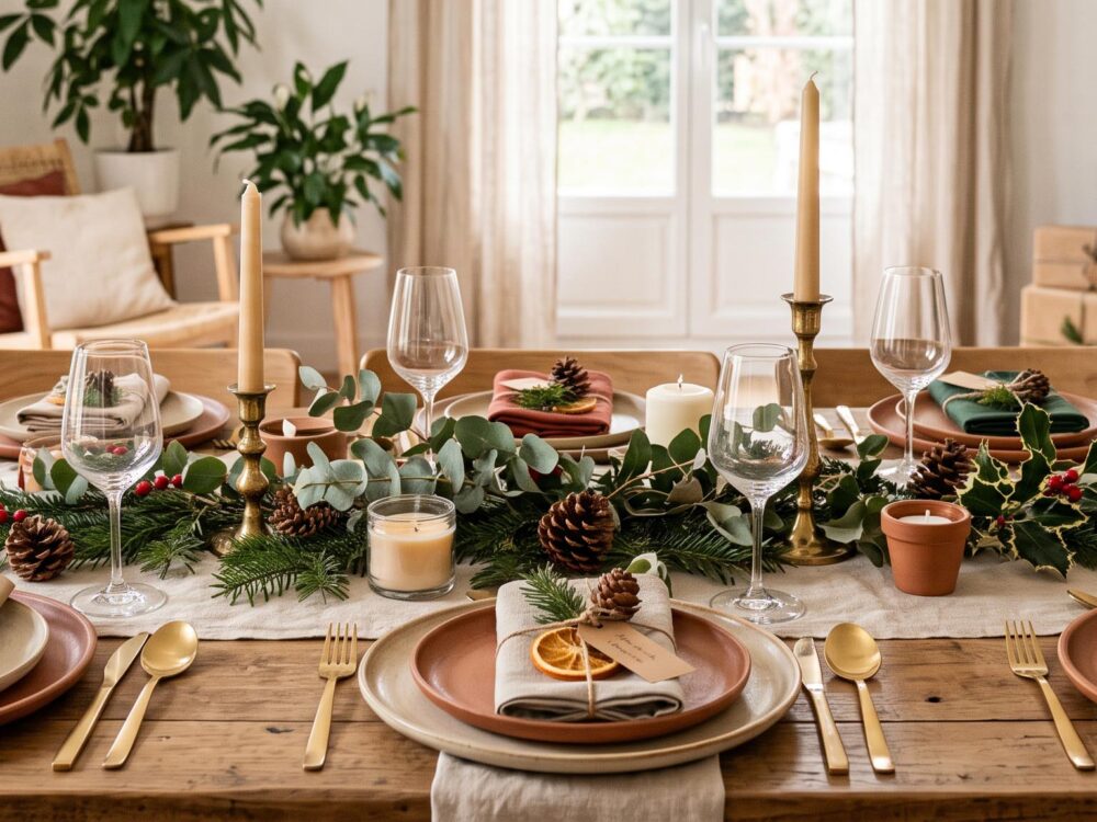 Table de fête de Noël avec des cadeaux d'assiette personnalisés, ambiance chaleureuse et raffinée