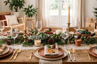Table de fête de Noël avec des cadeaux d'assiette personnalisés, ambiance chaleureuse et raffinée
