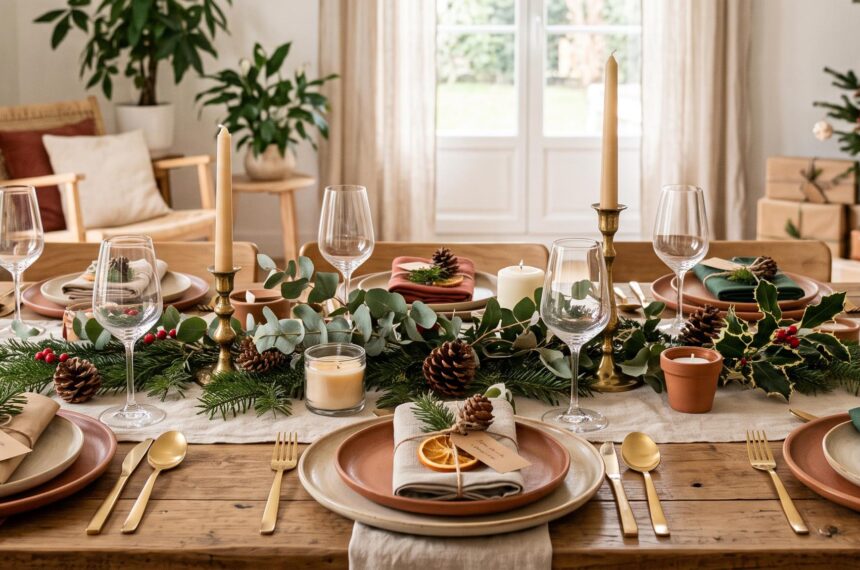 Table de fête de Noël avec des cadeaux d'assiette personnalisés, ambiance chaleureuse et raffinée