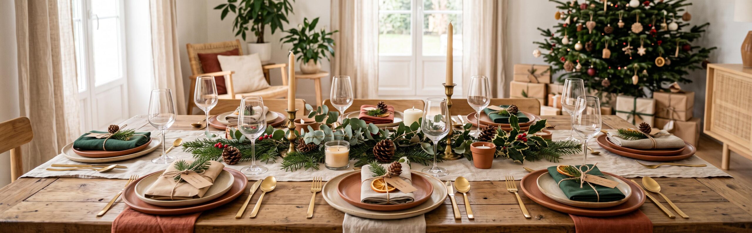 Table de fête de Noël avec des cadeaux d'assiette personnalisés, ambiance chaleureuse et raffinée