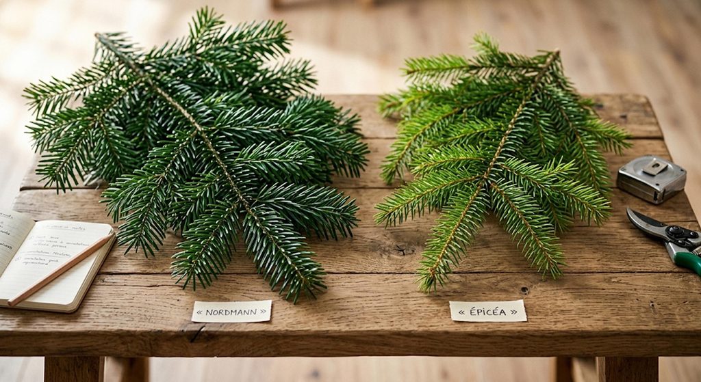 Zoom sur les aiguilles d'un sapin nordmann ou epicea pour comparer leur texture