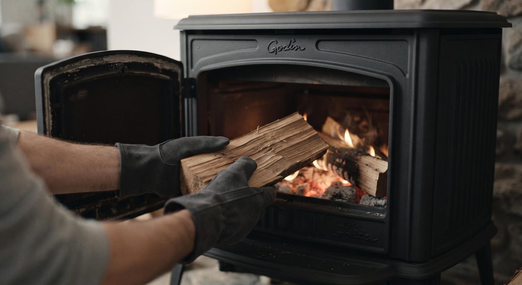 Chargement de bûches dans le foyer d'un poêle à bois Godin Châtel, démontrant sa facilité d'utilisation.
