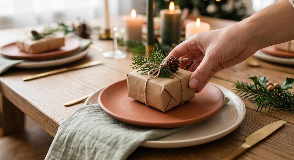 Main plaçant un cadeau d'assiette fait maison, détail de l'artisanat et de la présentation soignée