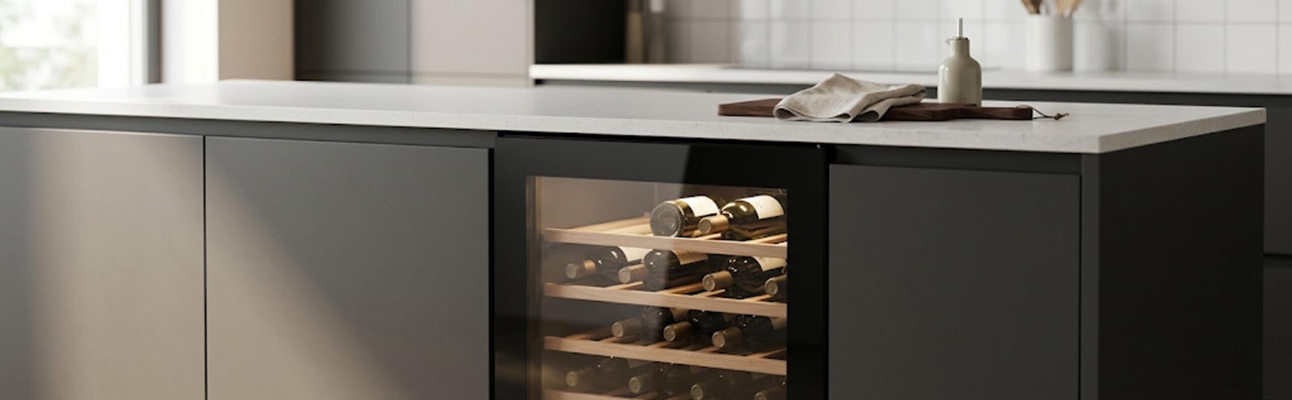 Cave à vin de service compacte intégrée dans une cuisine moderne, idéale pour les petits espaces et la conservation des vins