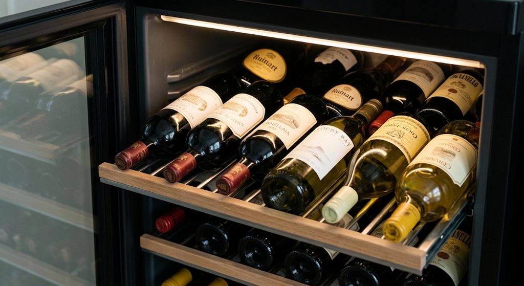 Intérieur d'une cave à vin compacte avec bouteilles de vin rouge et blanc sur étagères ajustables, éclairage LED doux