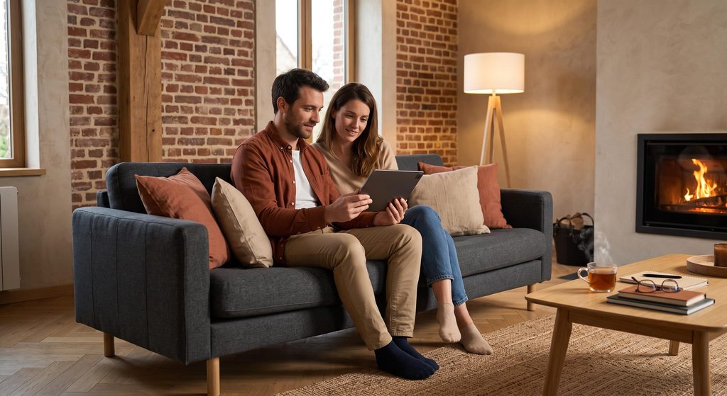 Couple consultant un tableau comparatif des prix de chauffage et des aides gouvernementales pour une rénovation énergétique