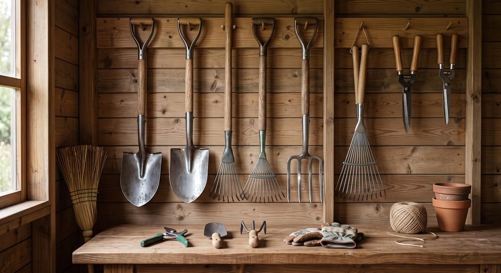 Outils de jardinage nettoyés et ordonnés dans un abri de jardin en bois pour l'hiver.