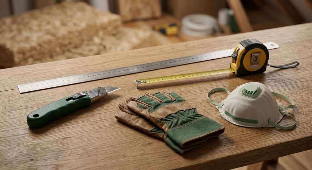 Outils essentiels pour la pose de la laine de bois : cutter, mètre-ruban, règle, masque de protection et gants de travail