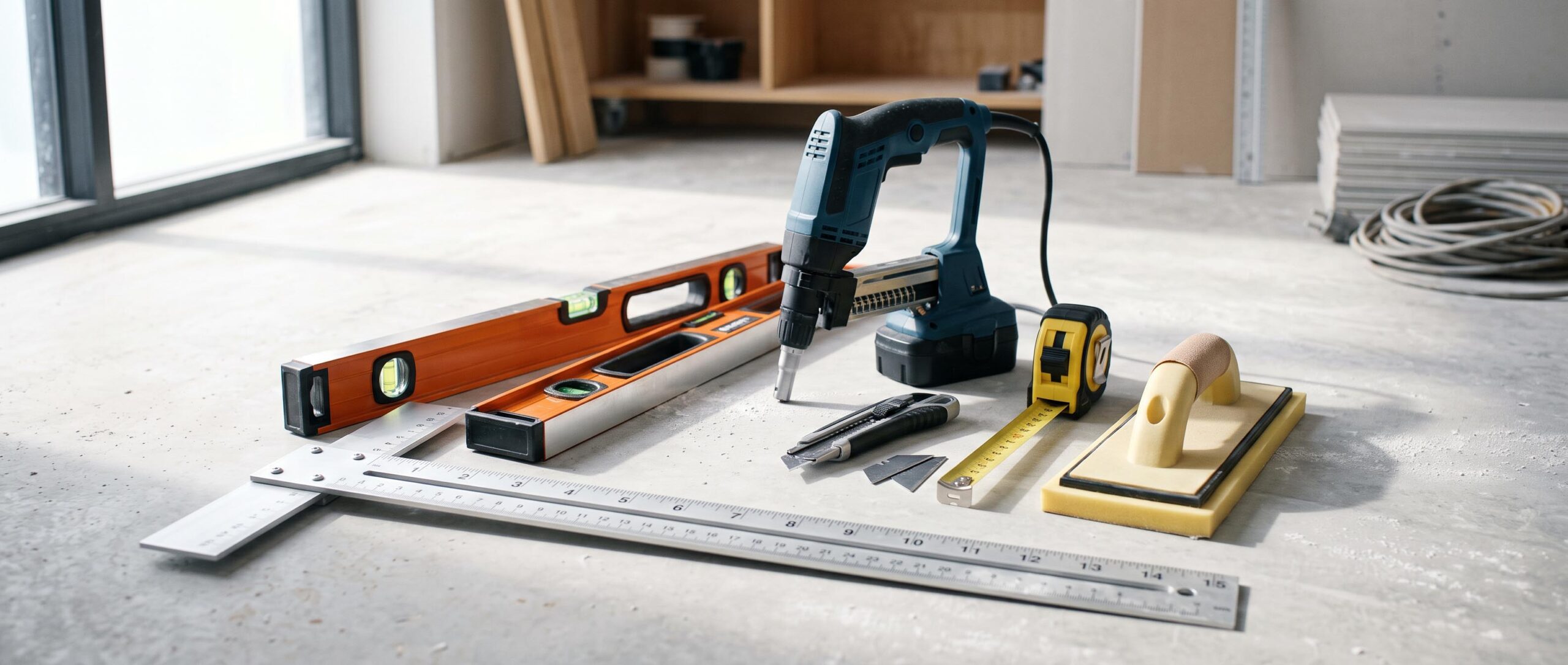 Assortiment d'outils plaquiste débutant : 7 indispensables pour démarrer sereinement vos travaux de plâtrerie et rénovation.