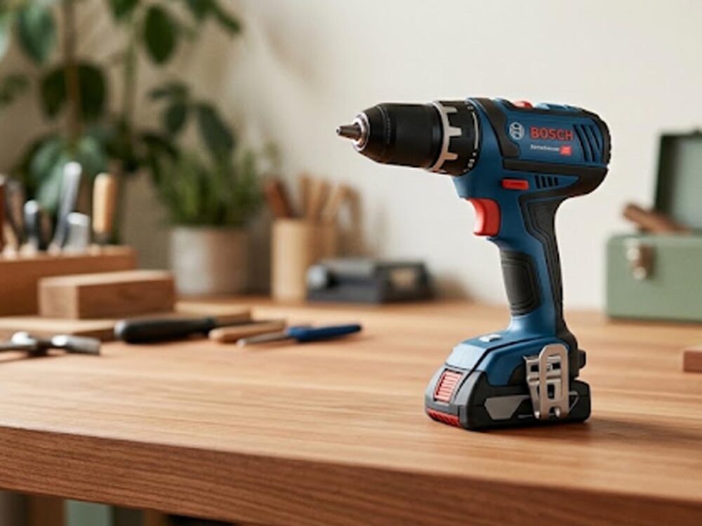 Perceuse-visseuse Bosch bleue sur un établi propre, prête à l'emploi, symbole d'un entretien régulier