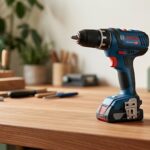 Perceuse-visseuse Bosch bleue sur un établi propre, prête à l'emploi, symbole d'un entretien régulier