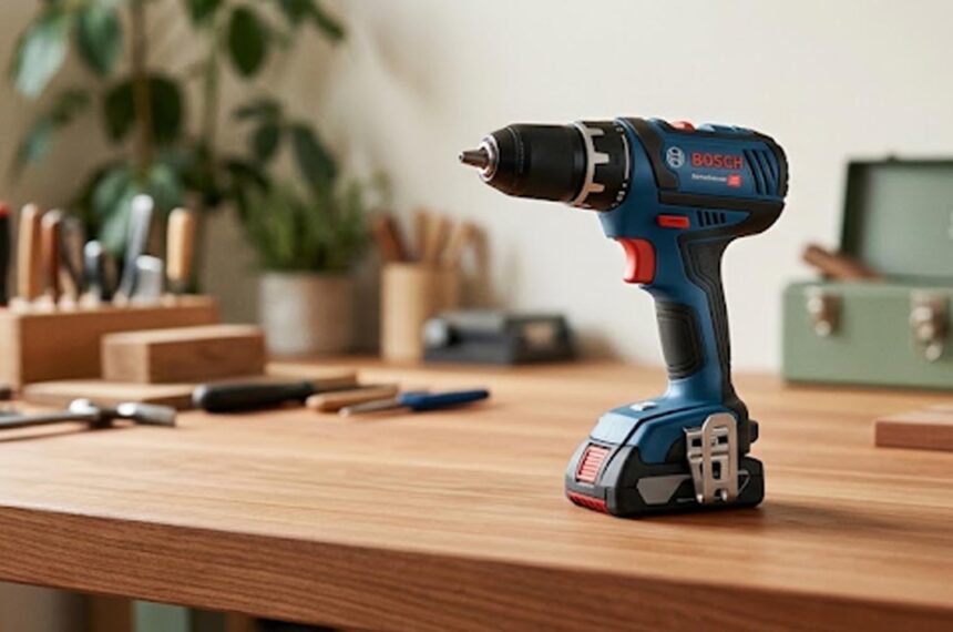 Perceuse-visseuse Bosch bleue sur un établi propre, prête à l'emploi, symbole d'un entretien régulier