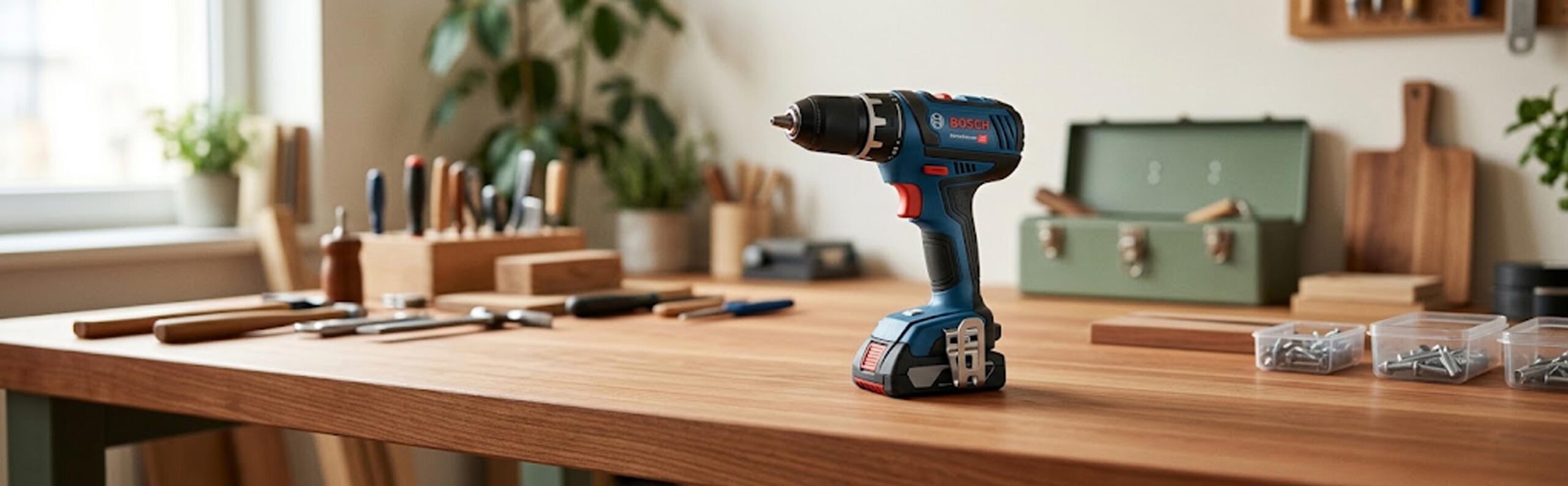 Perceuse-visseuse Bosch bleue sur un établi propre, prête à l'emploi, symbole d'un entretien régulier
