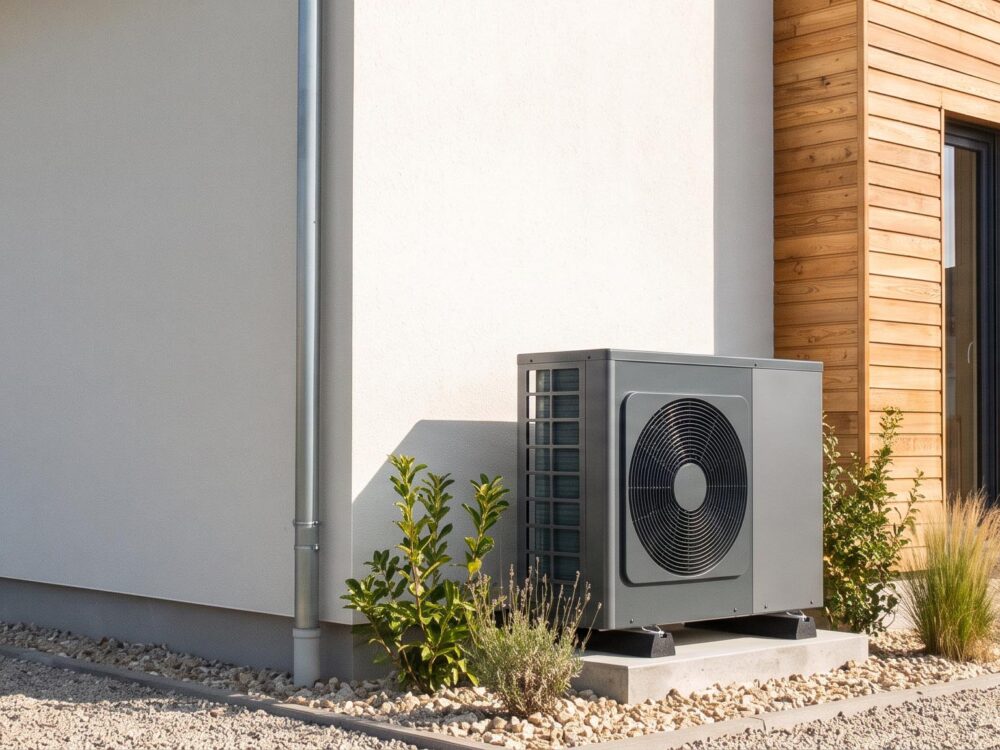 Installation d'une pompe à chaleur air-eau moderne et discrète sur la façade d'une maison contemporaine