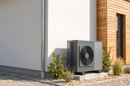 Installation d'une pompe à chaleur air-eau moderne et discrète sur la façade d'une maison contemporaine