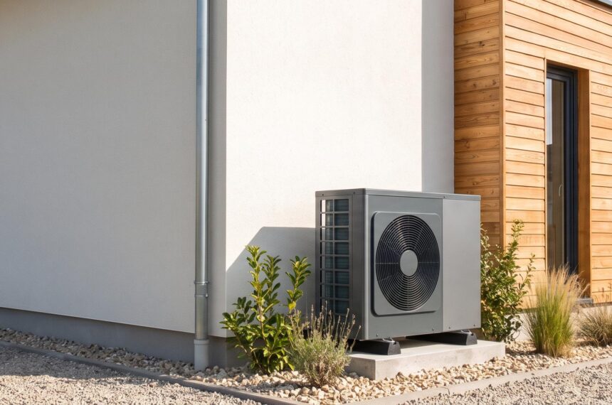 Installation d'une pompe à chaleur air-eau moderne et discrète sur la façade d'une maison contemporaine