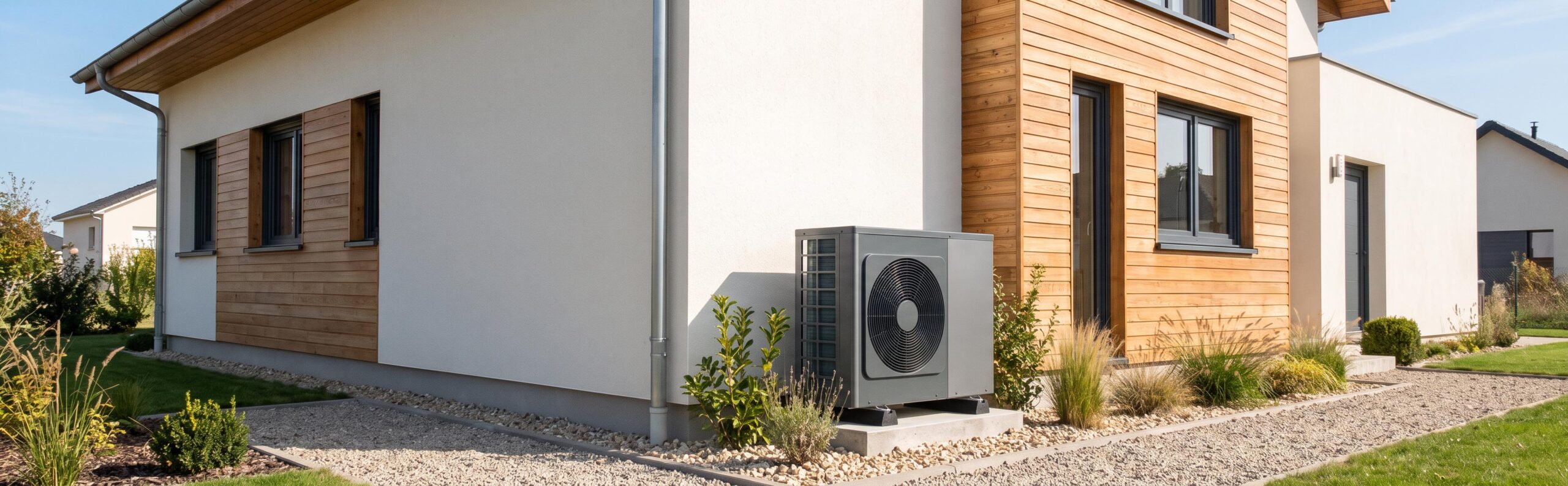 Installation d'une pompe à chaleur air-eau moderne et discrète sur la façade d'une maison contemporaine