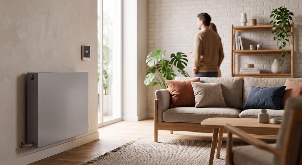 Intérieur chaleureux avec un radiateur design relié à une pompe à chaleur, panneau de contrôle mural discret.