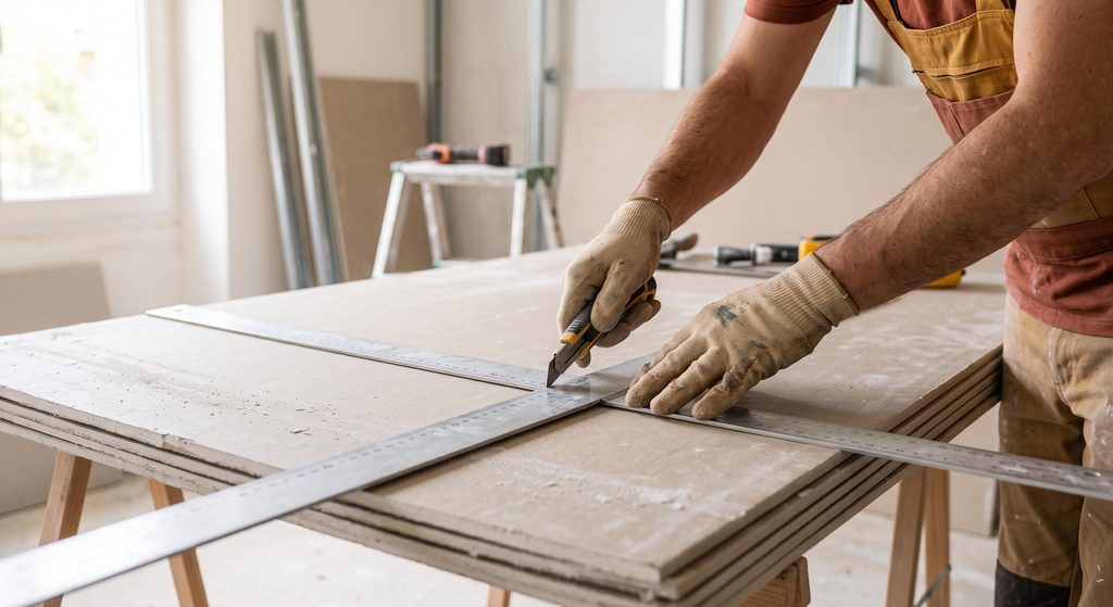 Plaquiste débutant utilisant une règle et un cutter pour découper une plaque de plâtre, étape clé du travail.